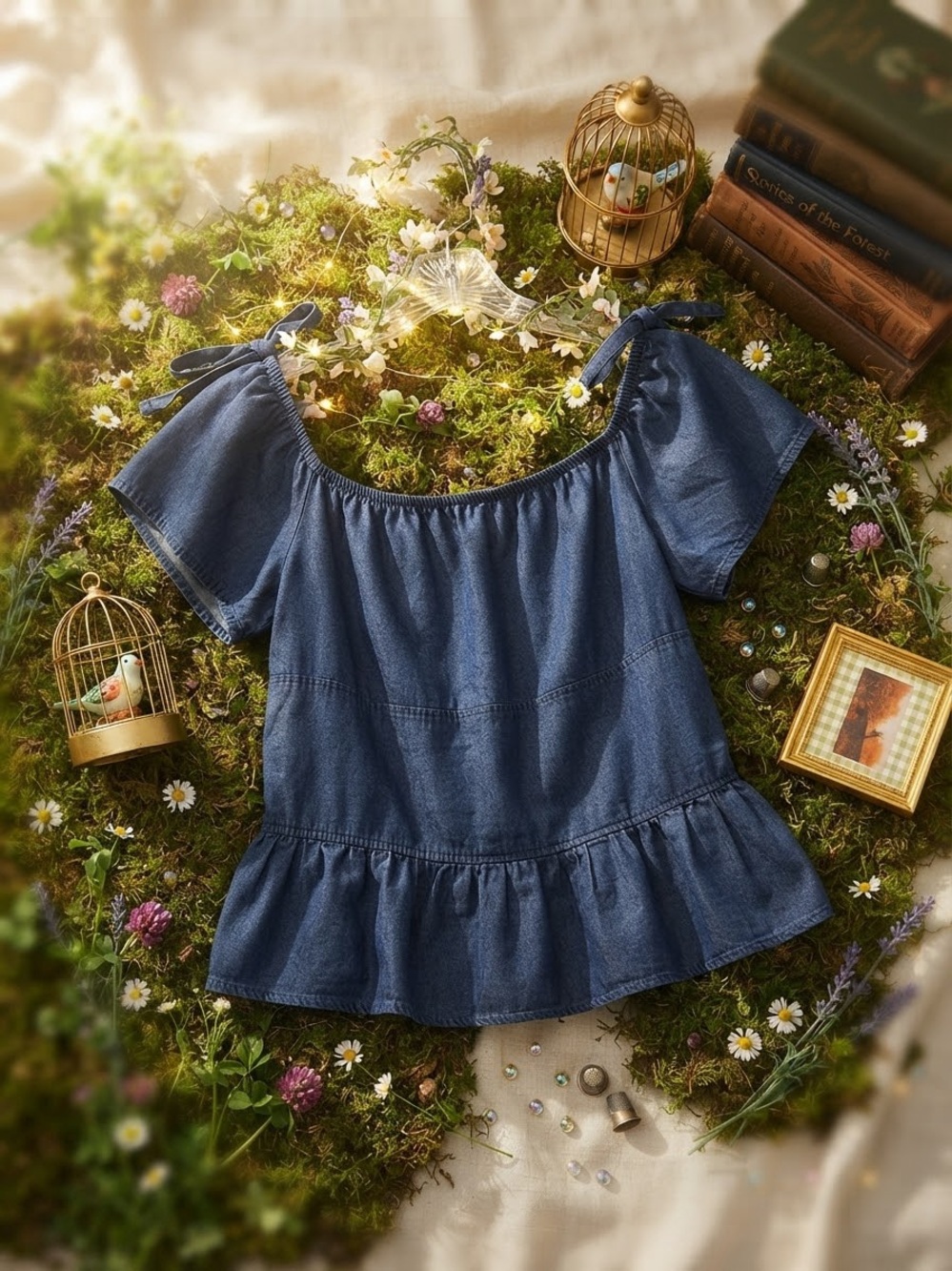 Cottagecore Denim Beauty and the Beast Off-The-Shoulder Peplum Top